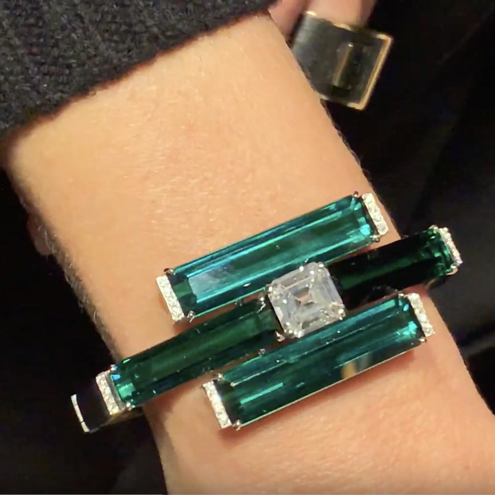 Striking green tourmaline and emerald cut diamond bracelet from Fabio Salini
