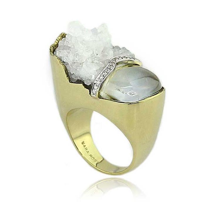 Kara Ross Petra Split ring with raw white quartz and smooth rock crystal
