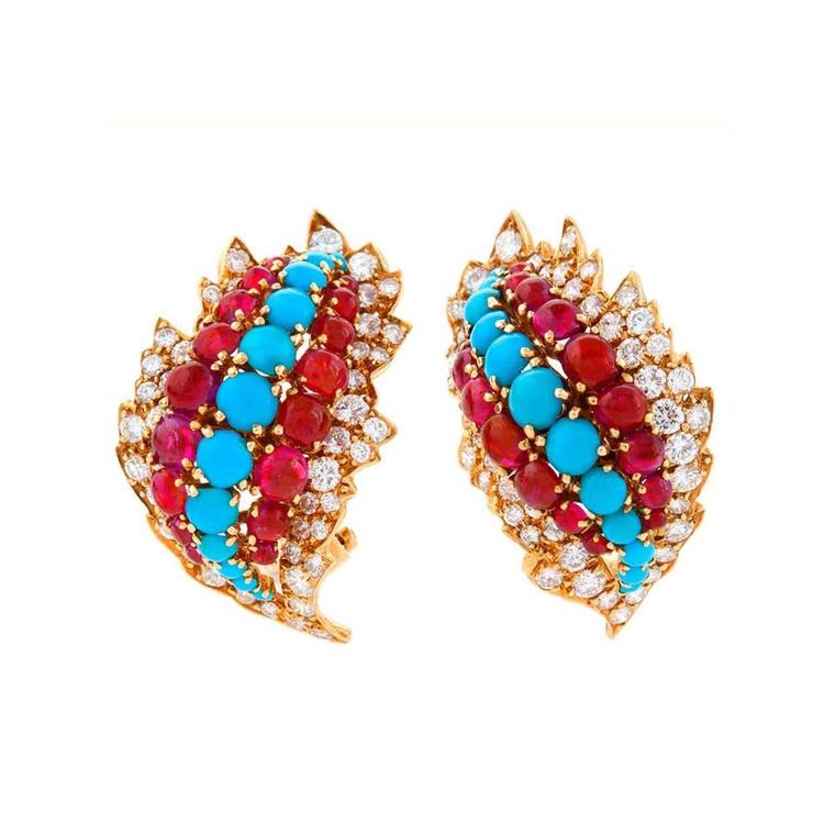Macklowe Gallery American Mid 20th Century gold earclips diamonds rubies and turquoise by David Webb
