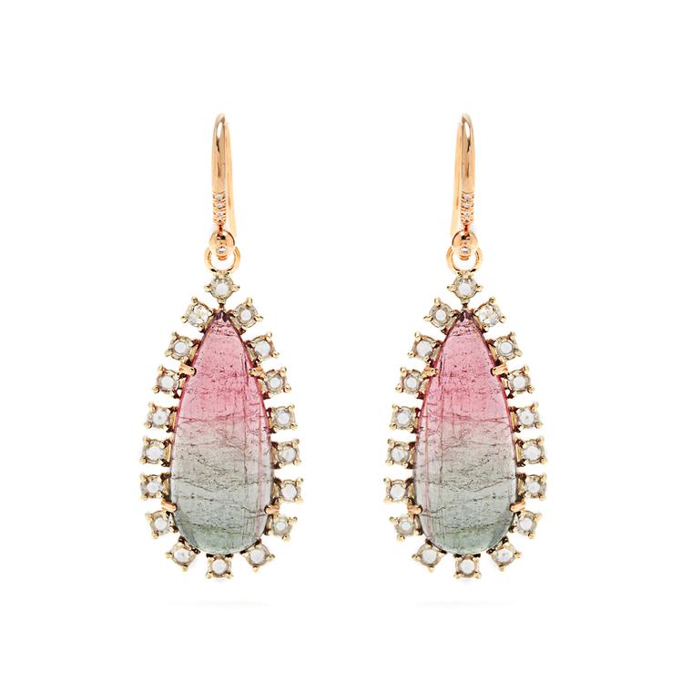 Irene Neuwirth watermelon tourmaline earrings with rose-cut diamonds