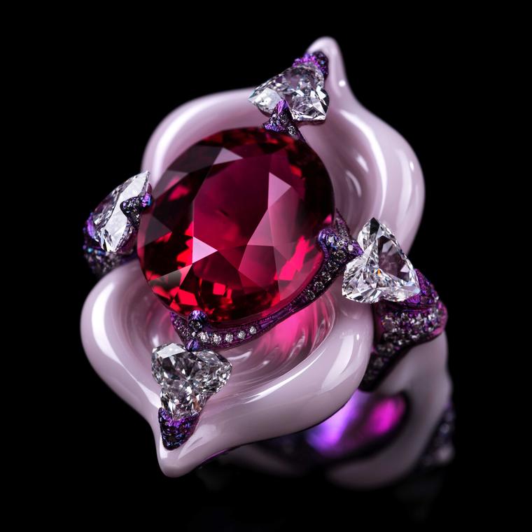Wallace Chan Starlight Ballet ring with spinel diamonds pink sapphire in porcelain and titanium