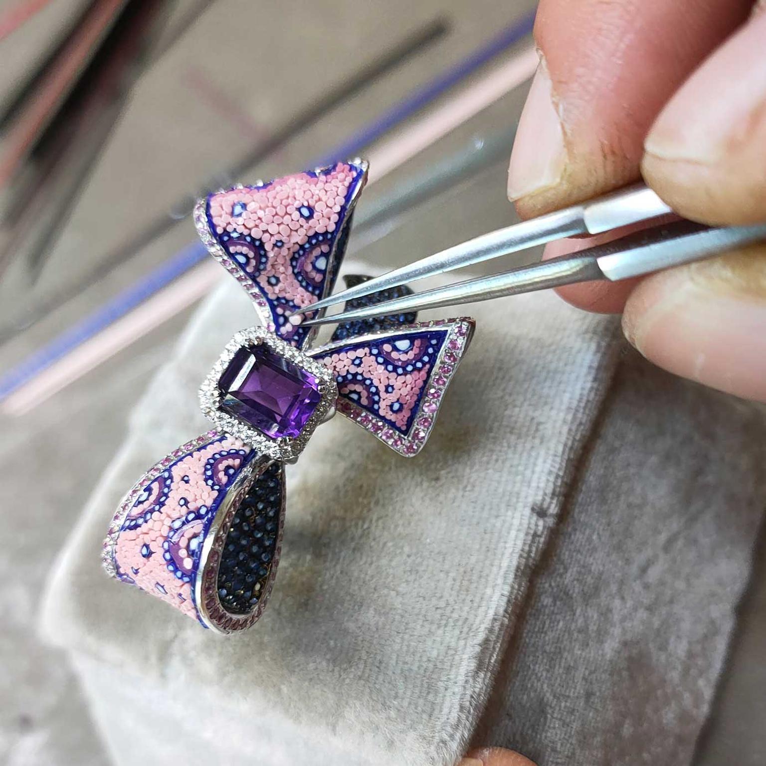 Sicis Purple ribbon jewel in workshop