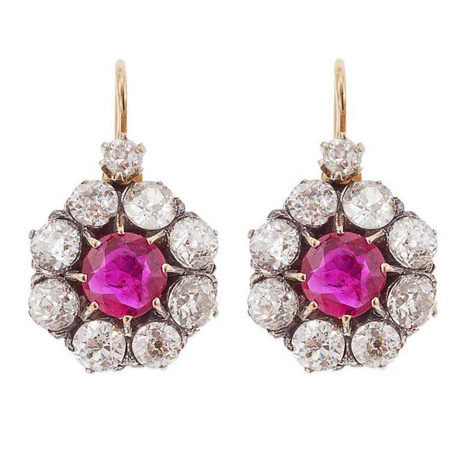 Sheila Goldfinger ruby cluster Victorian earrings with diamonds