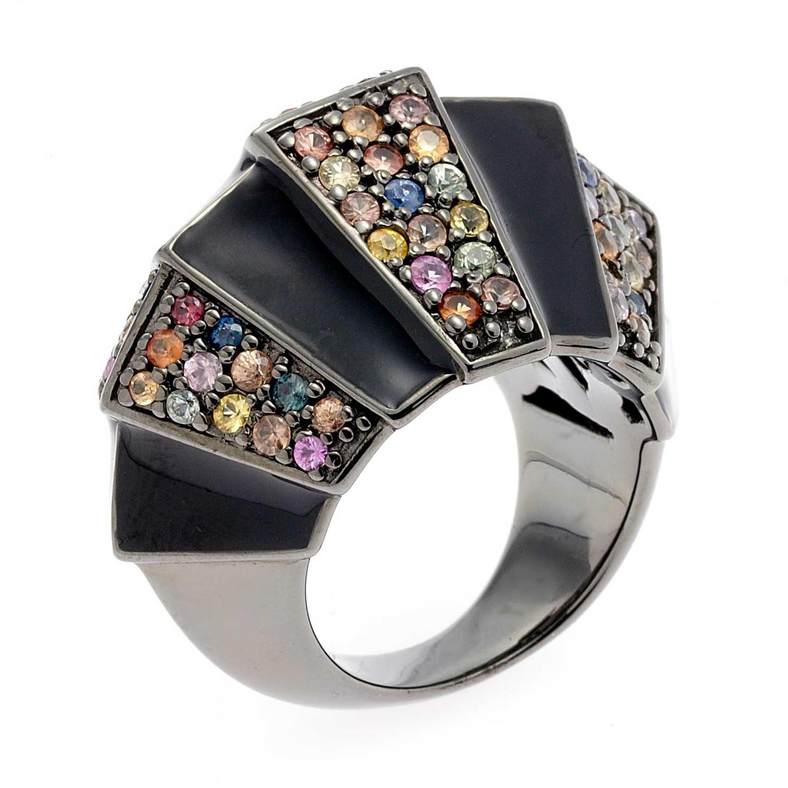 Matthew Campbell Laurenza Primordial silver ring in black enamel with sapphires in black rhodium
