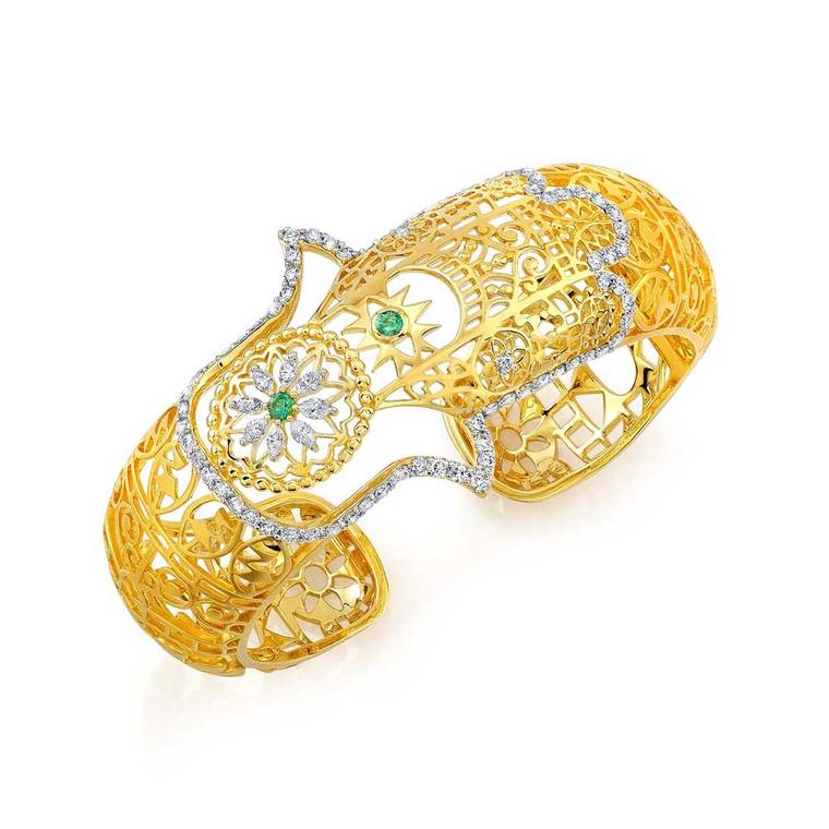 Buddha Mama filigree hinged Hamsa cuff with diamonds and emeralds