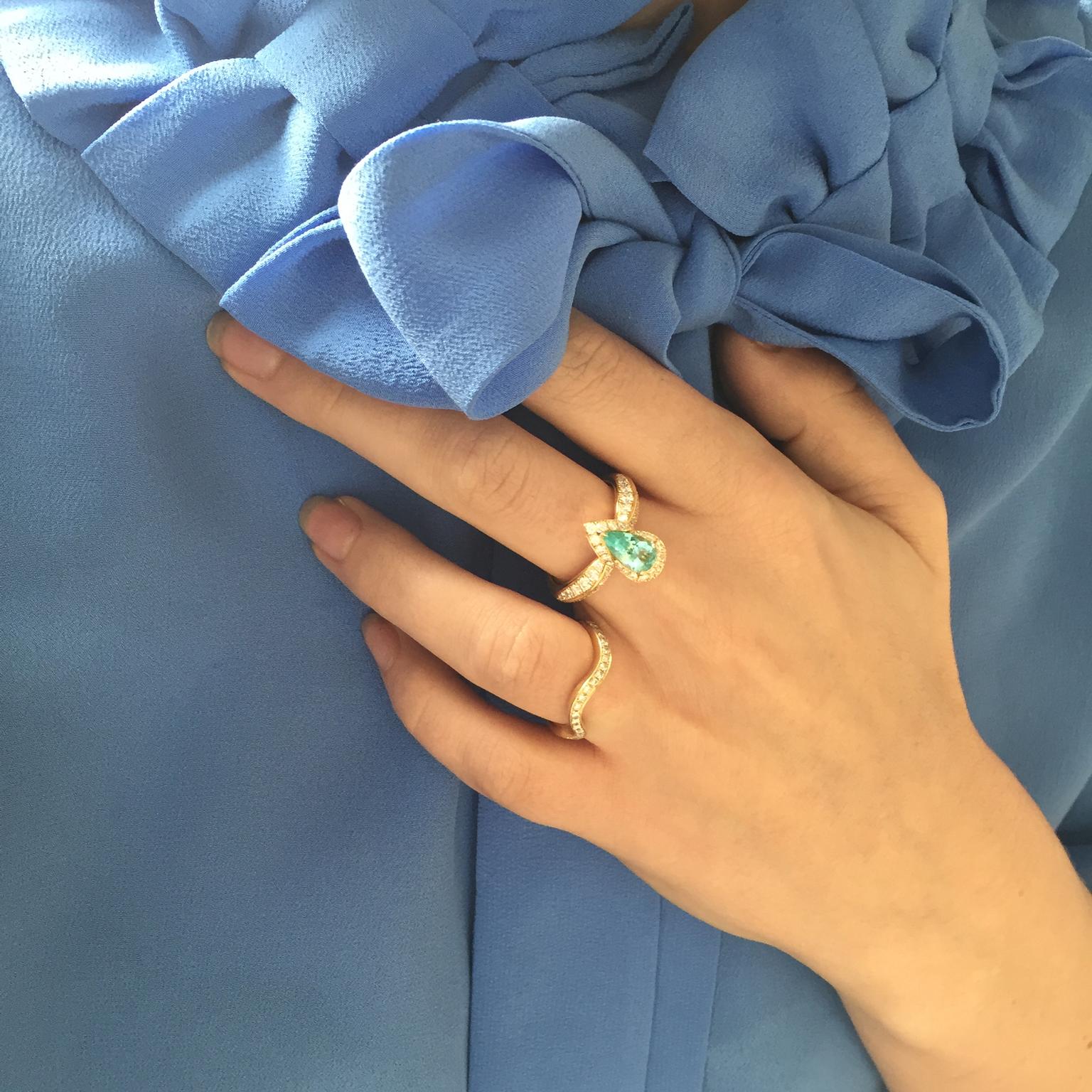 Rachael Taylor wearing Kat Florence Paraiba tourmaline ring