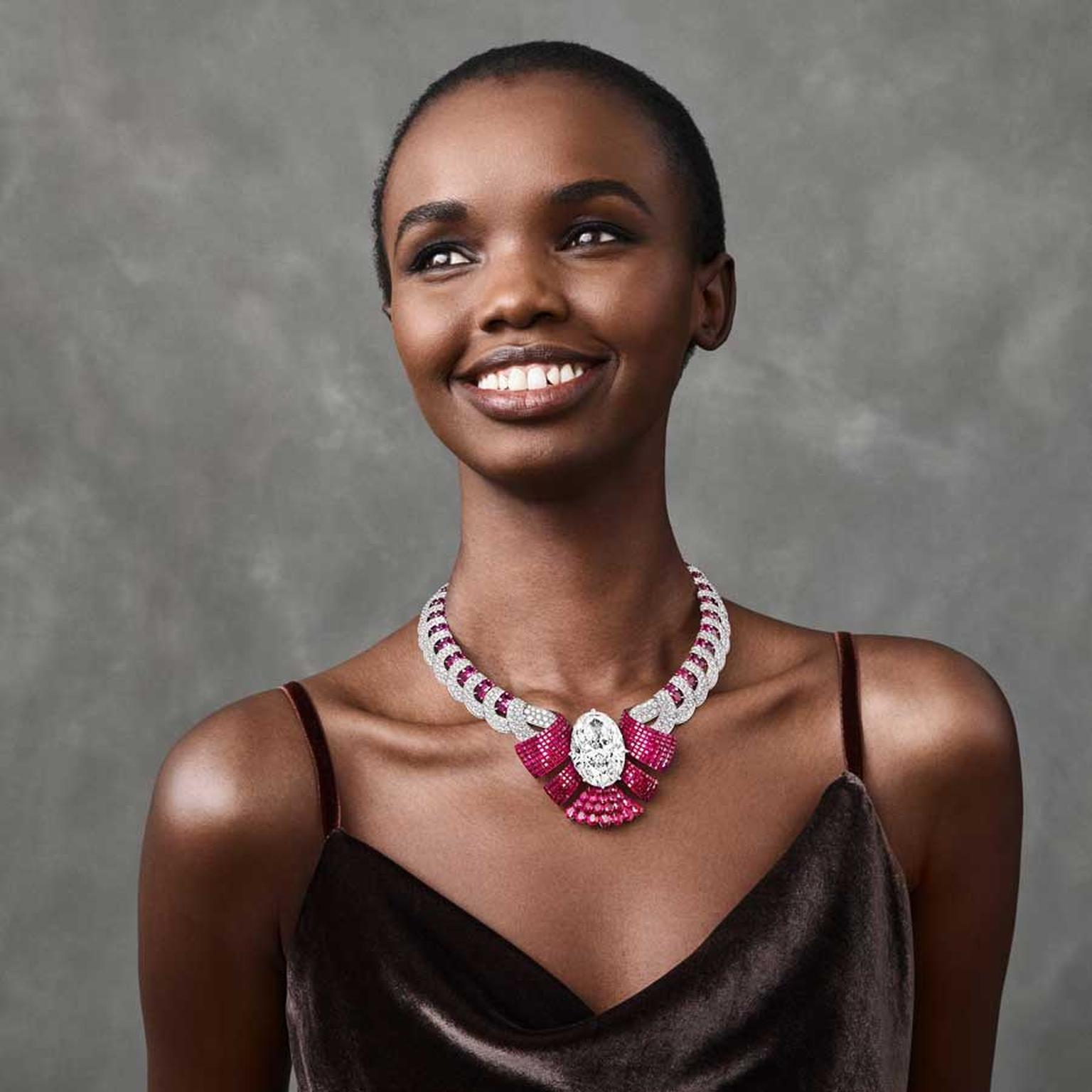 Atours Mysterieux ruby and diamond necklace Van Cleef and Arpels Legend of Diamonds on model