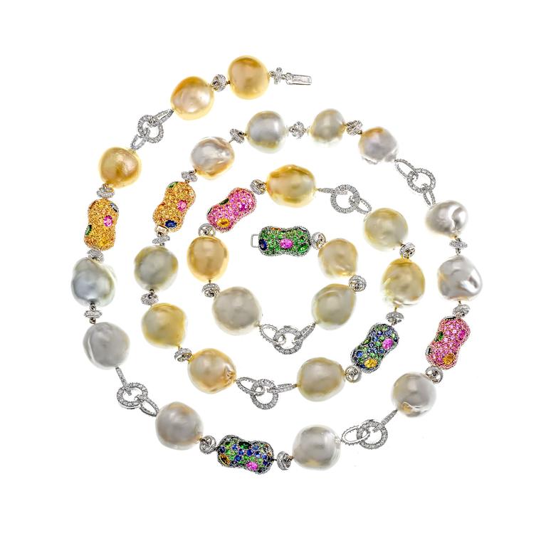 Margot Mckinney pearl, sapphire, tsavorite and garnet necklace