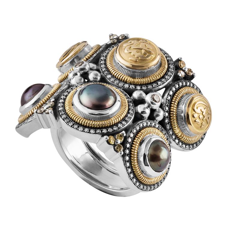 Azza Fahmy Wonders of Nature Indian inspired tribal ring with grey pearls and diamonds
