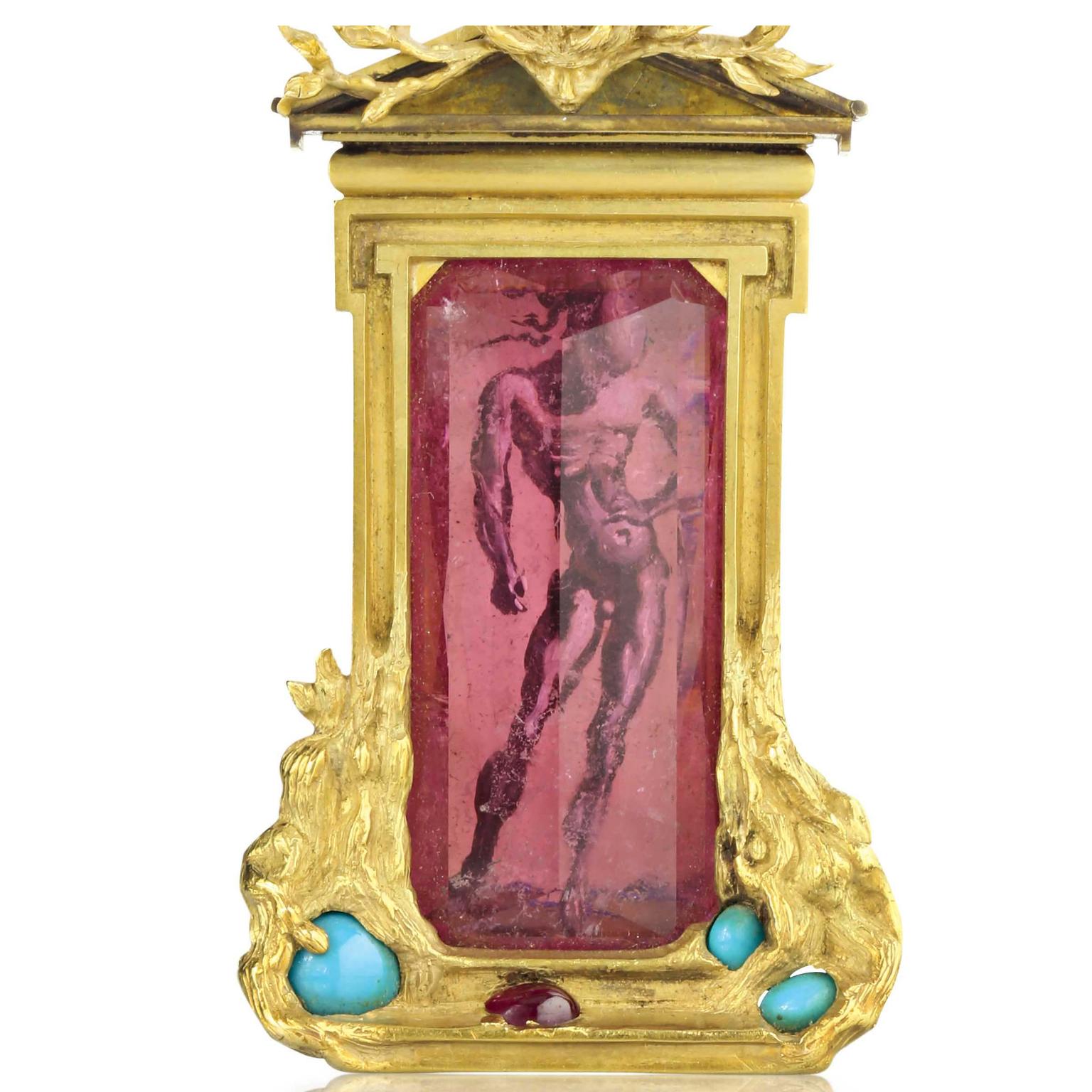 Apollo and Daphne Brooch, Dali and Verdura, 1941,  Tourmaline, gold, ruby, turquoise, and ivory