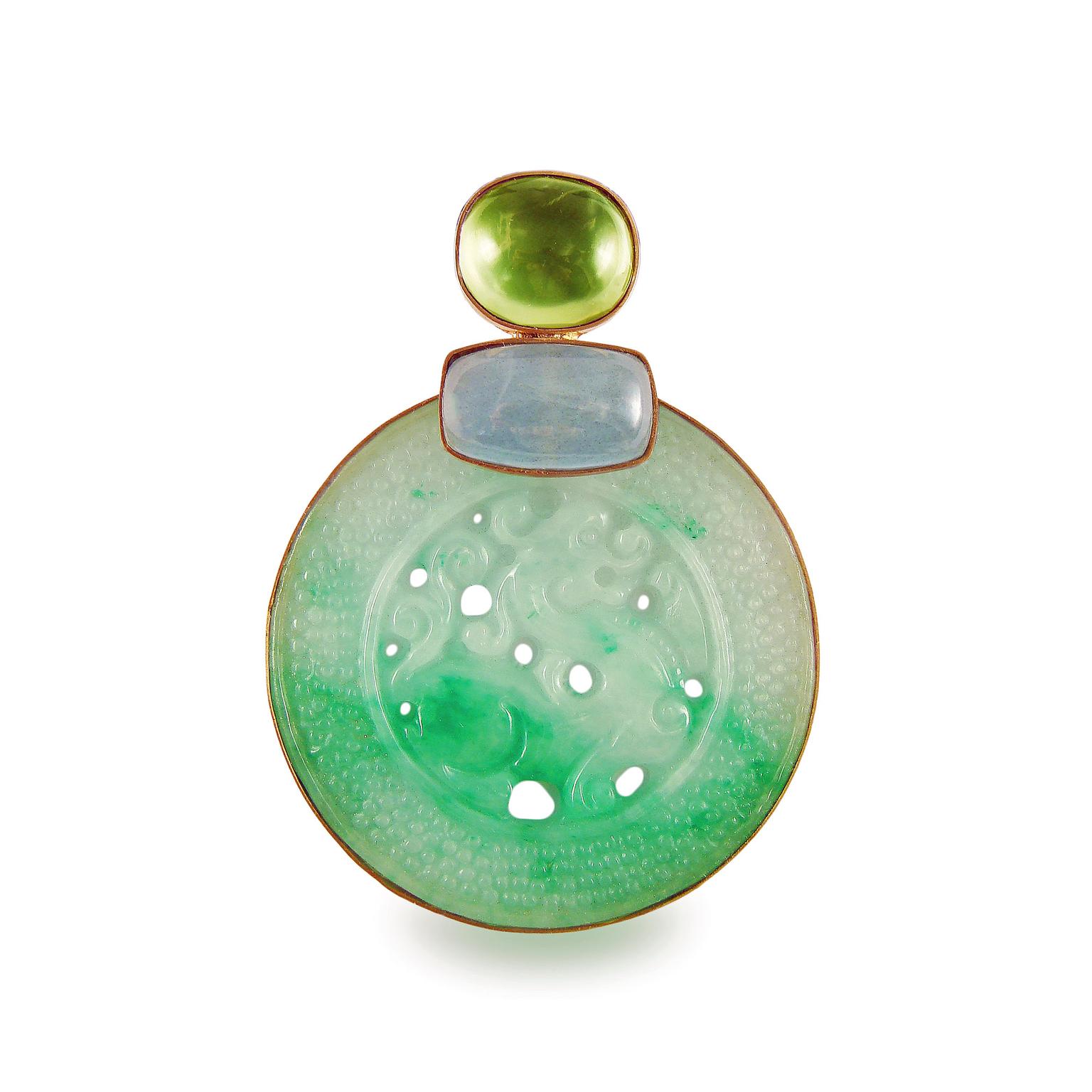 Corrado Giuspino hand-carved jade pendant with milky aquamarine and prehnite
