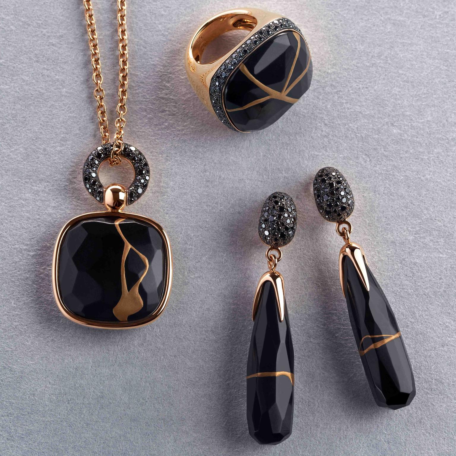 Pomellato Kintsugi Collection_ring, earrings and pendant in rose gold with jet and black diamonds