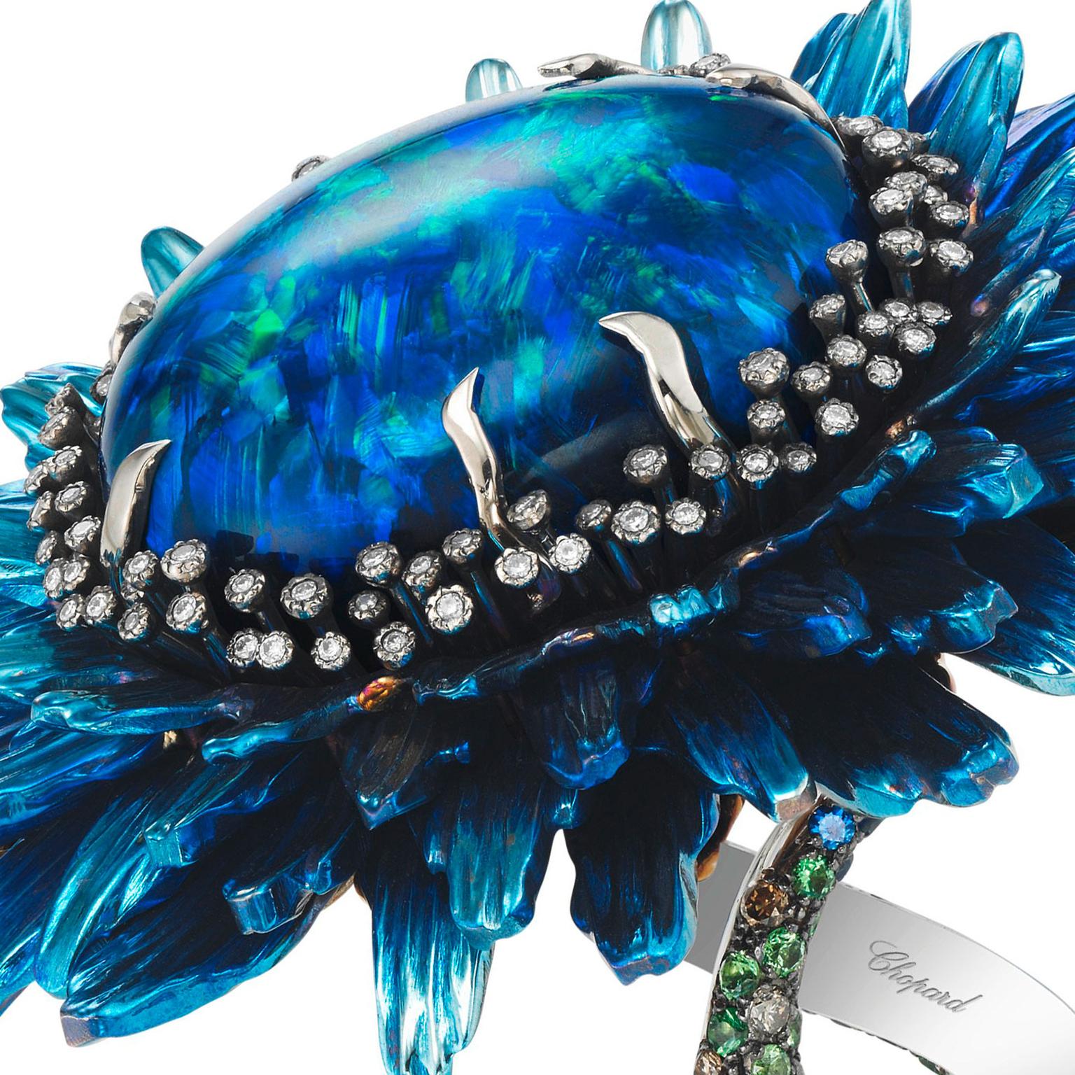 Chopard Fleurs d'Opales ring with blue titanium petals and central opal