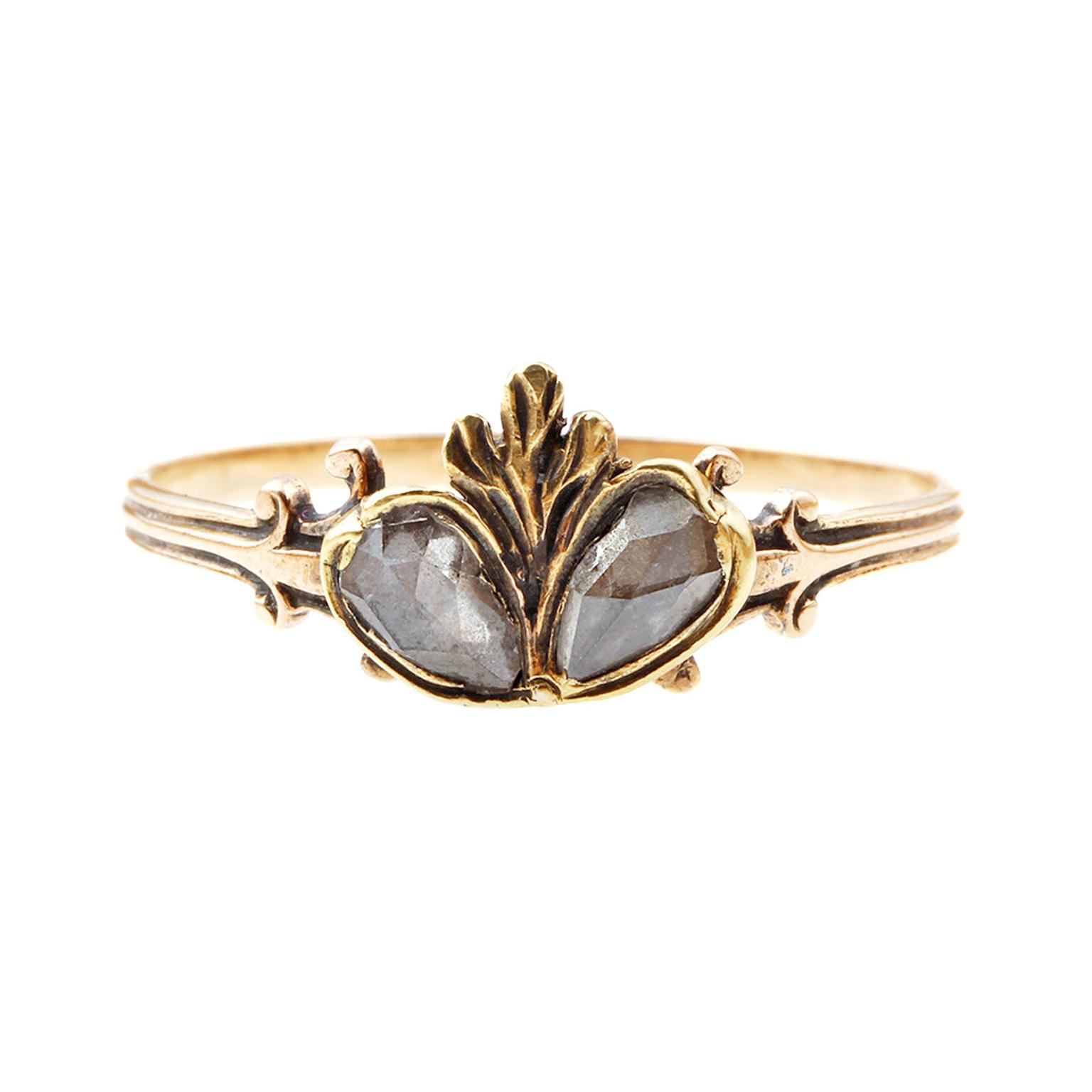 Bell and Bird gold twin diamond heart ring