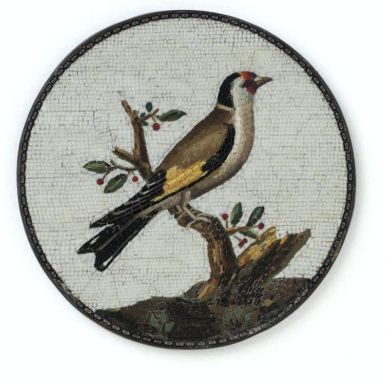 Giacomo Raffaelli micromosaic plaque with goldfinch on twig, Rome c. 1775-1800. The Rosalinde and Arthur Gilbert Collection on loan to the Victoria and Albert Museum, London