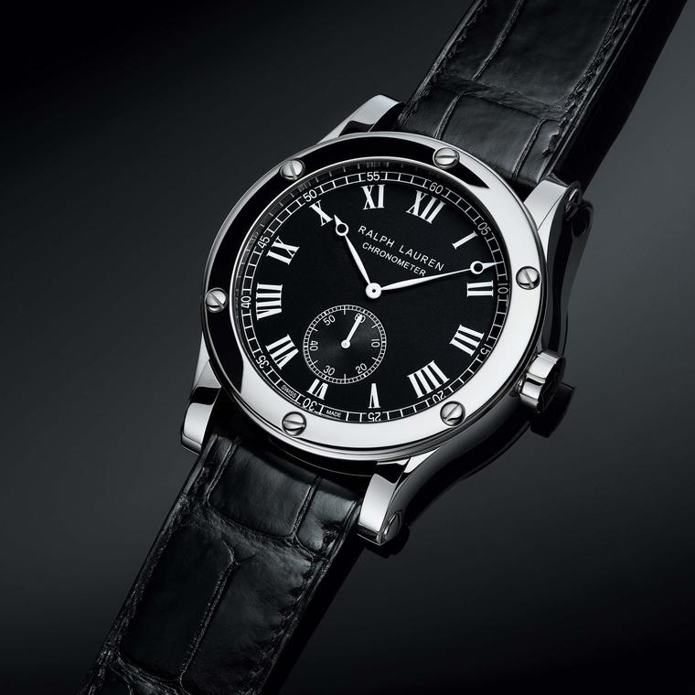 The handsome Ralph Lauren Sporting Classic Chronometer marries the elegance of a classical black tie dial with a rugged sporty feel thanks to its solid stainless steel case and riveted bezel.