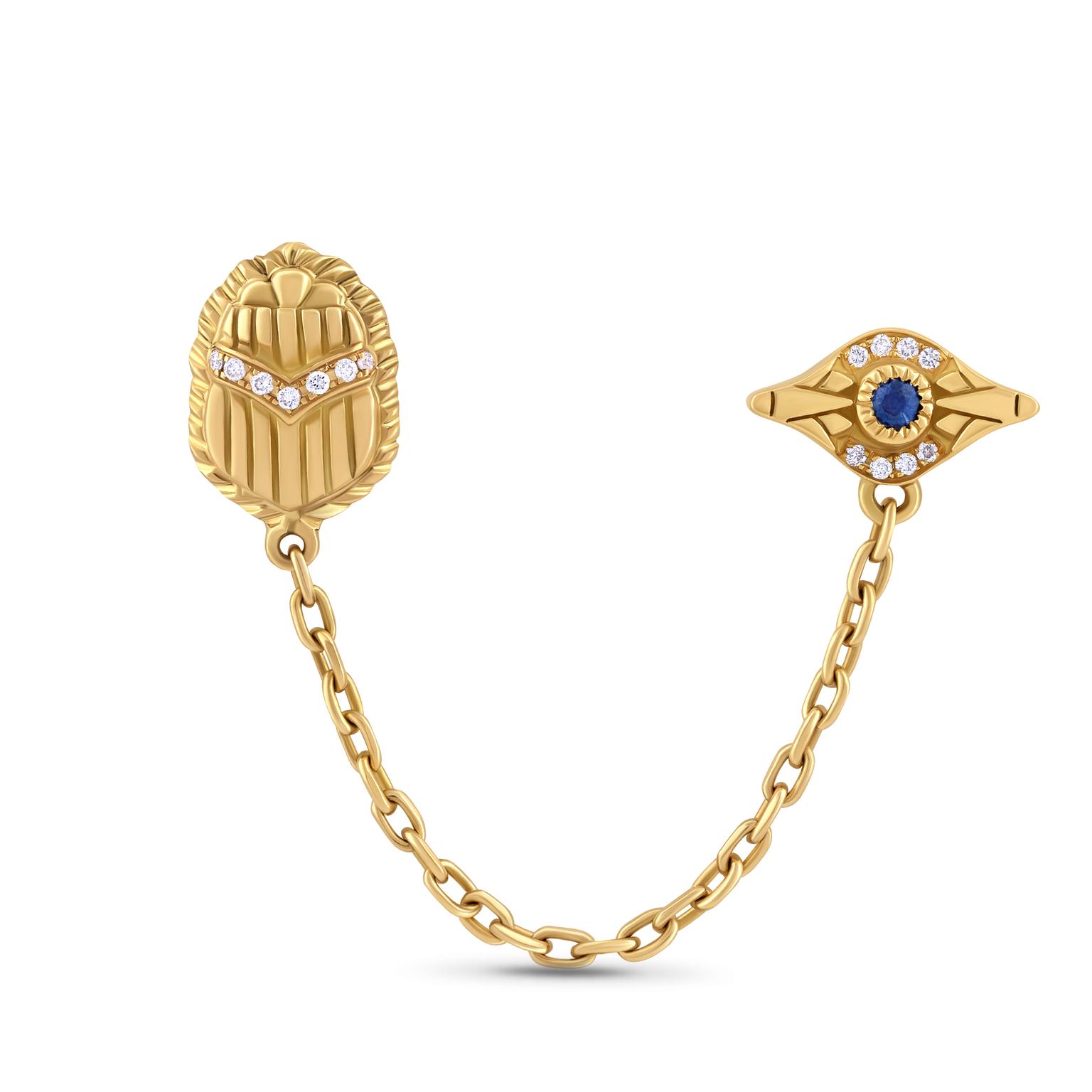 18kt Gold scarab and eye chain earring with precious stones and Diamonds 