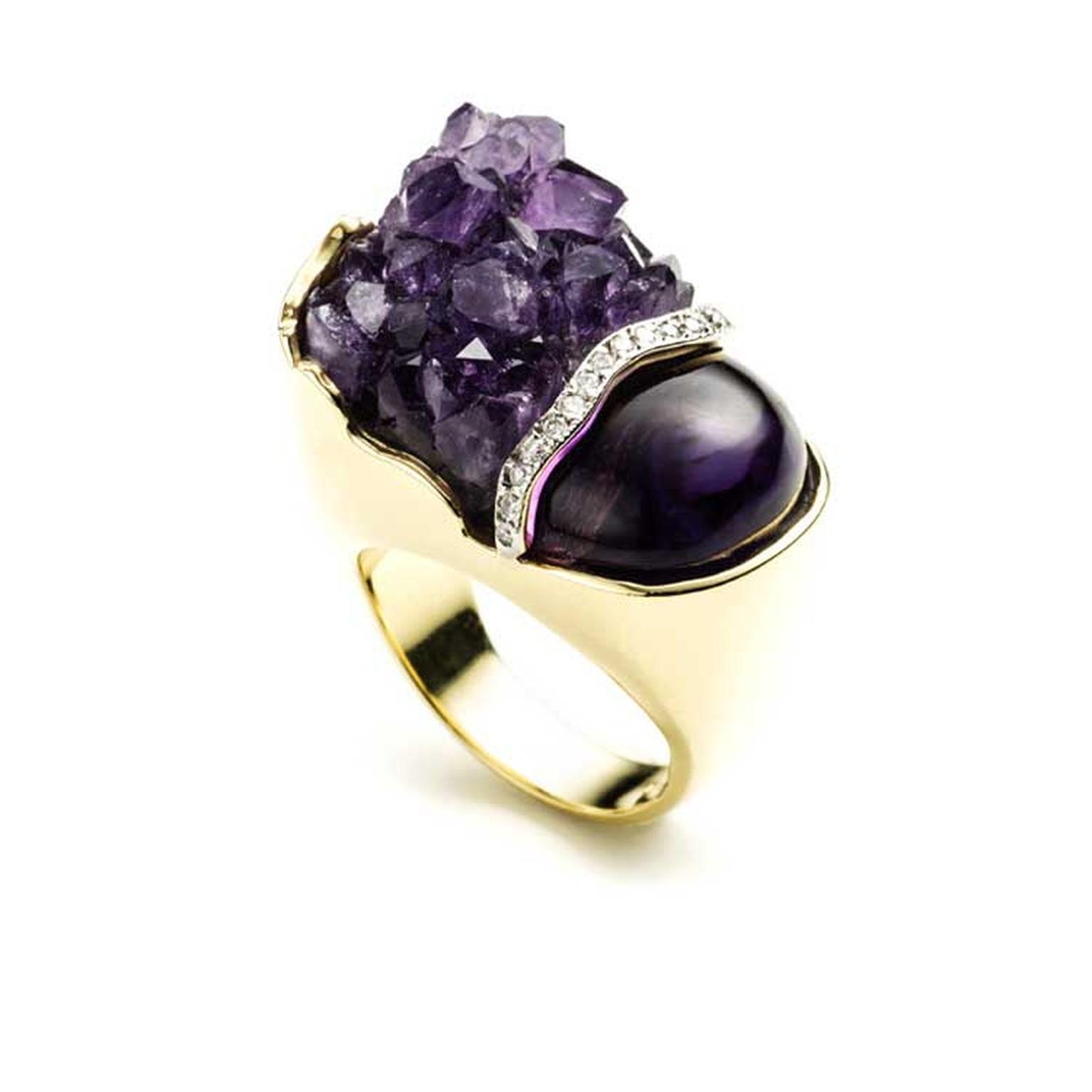 Kara Ross Petra Split ring with raw and smooth amethyst and diamonds