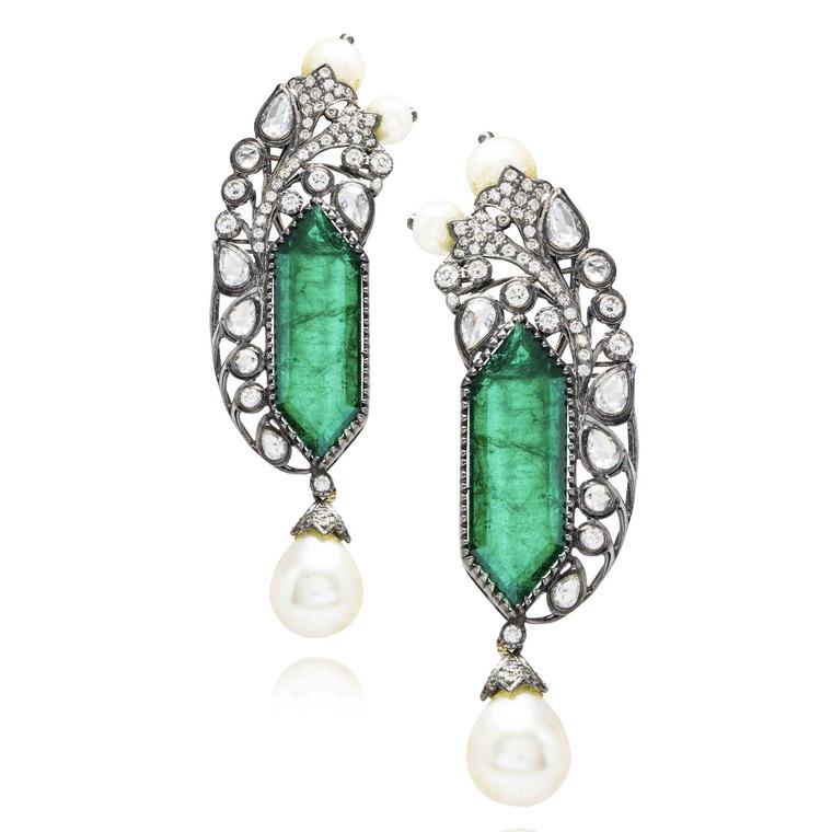 Zambian emerald and pearl earrings