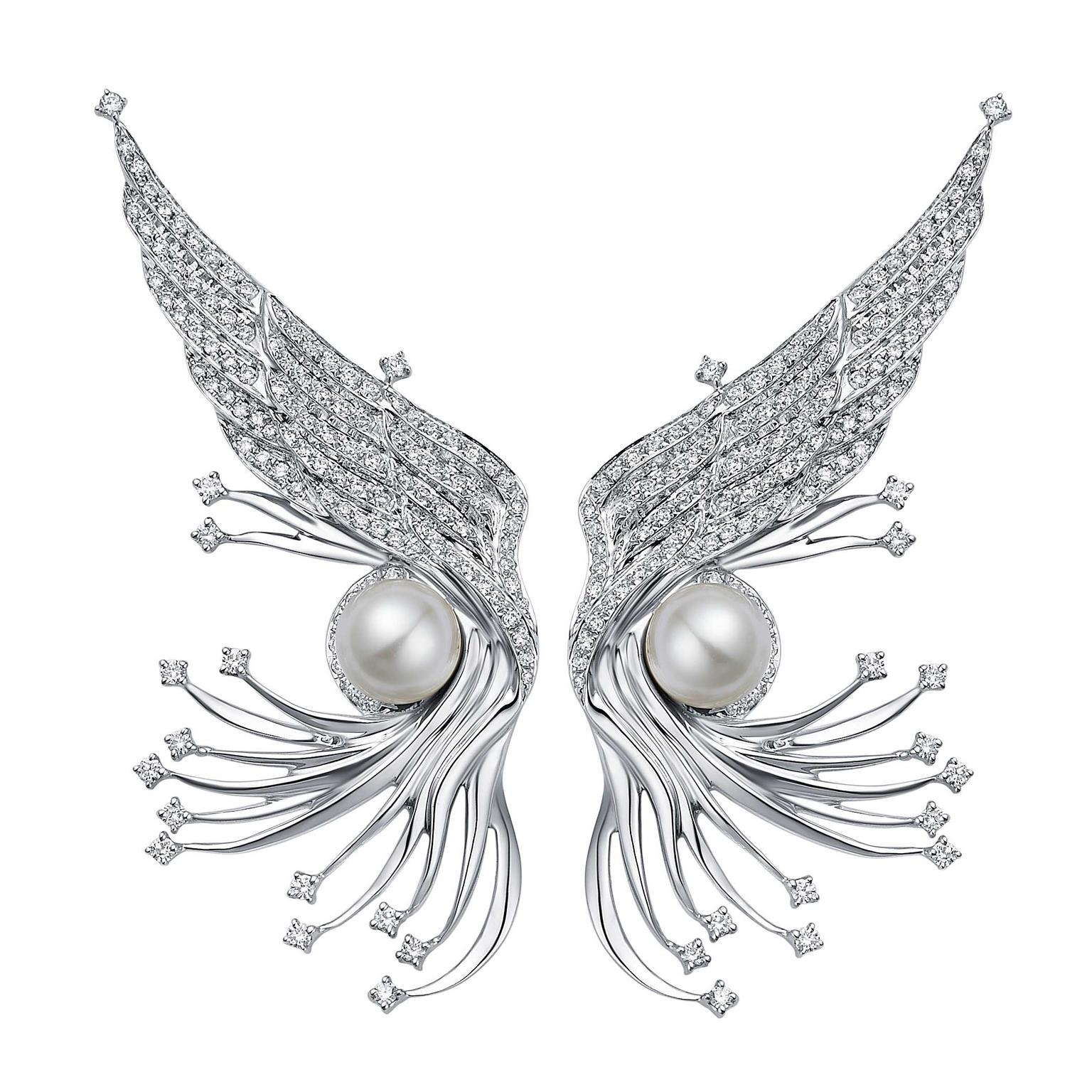 Sarah Zhuang white gold and diamond Pearl Wings earrings