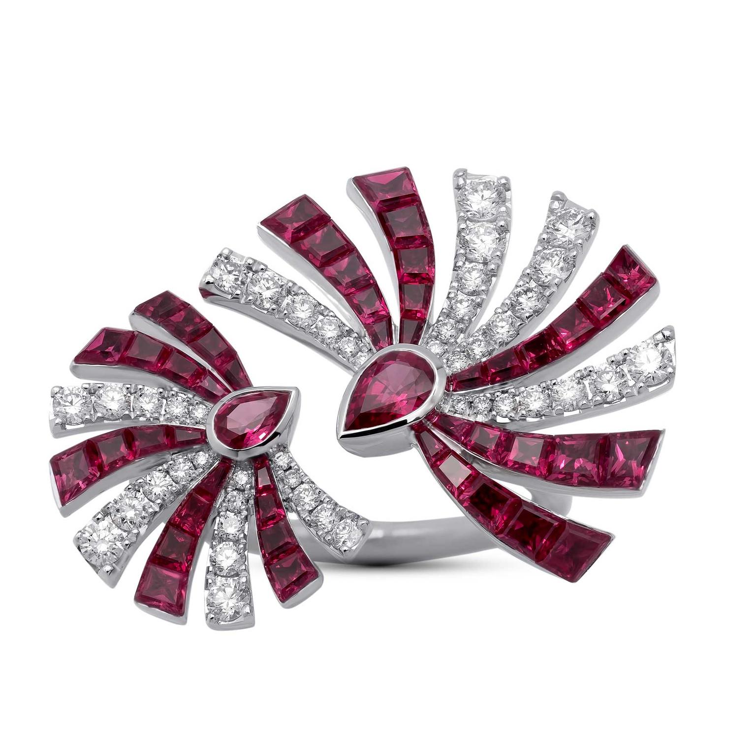 Stenzhorn Persuasion double ring in white gold with rubies and diamonds