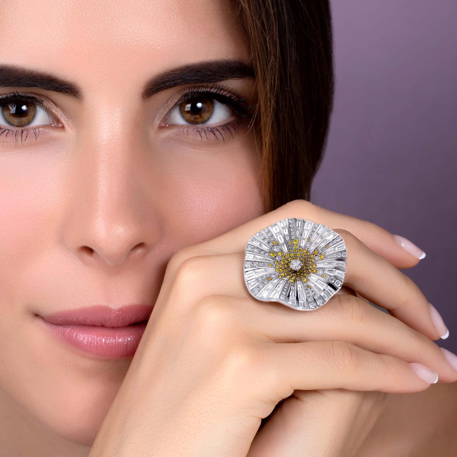 Stenzhorn Belle yellow diamond and white diamond ring on model