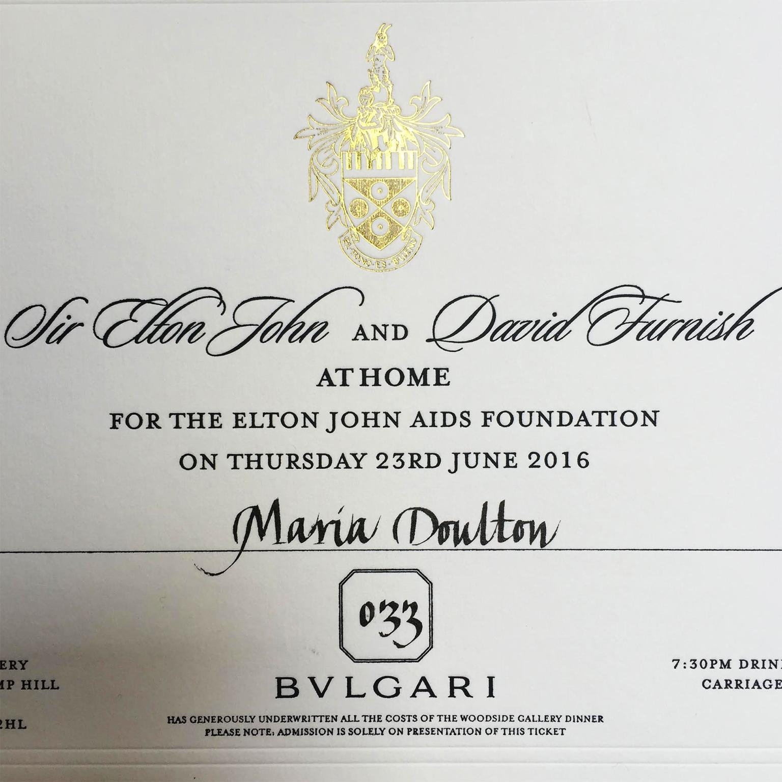 Maria Doulton's invite to the Elton John AIDS Foundation 