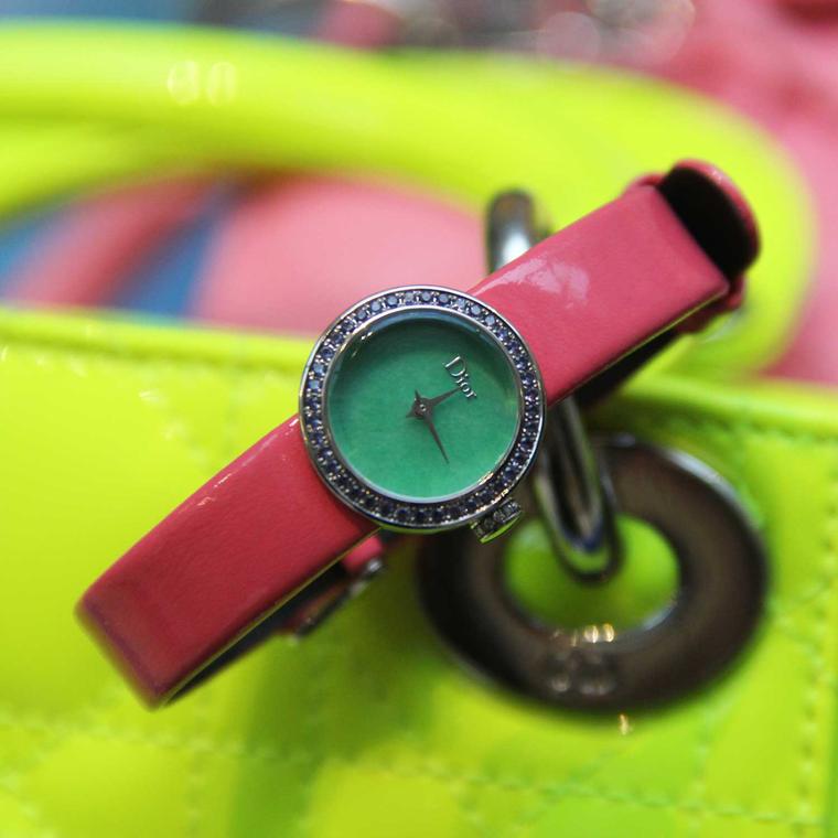 La Mini D de Dior watch with jade dial and purple sapphire bezel