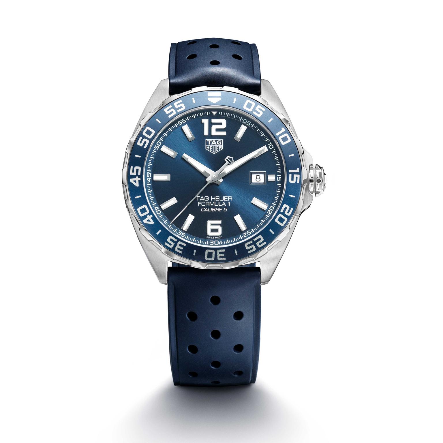 TAG Heuer Formula 1 Bucherer Blue Edition watch on rubber strap white background Price £1650