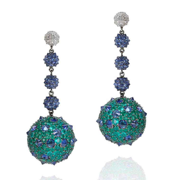 Emerald, diamond and sapphire ball earrings