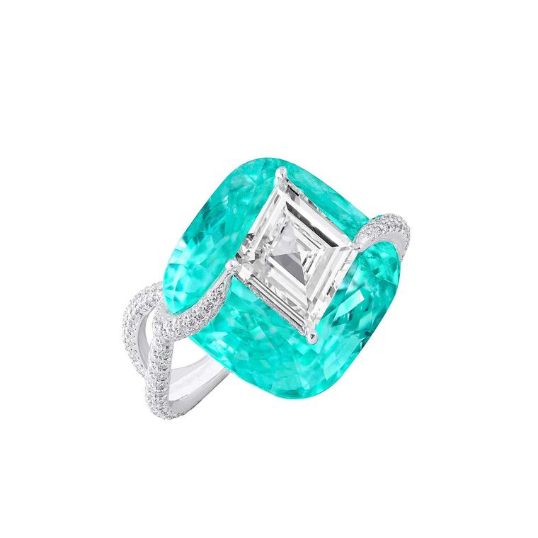 Boghossian lozenge-shaped diamond and Paraiba tourmaline "Kissing" ring