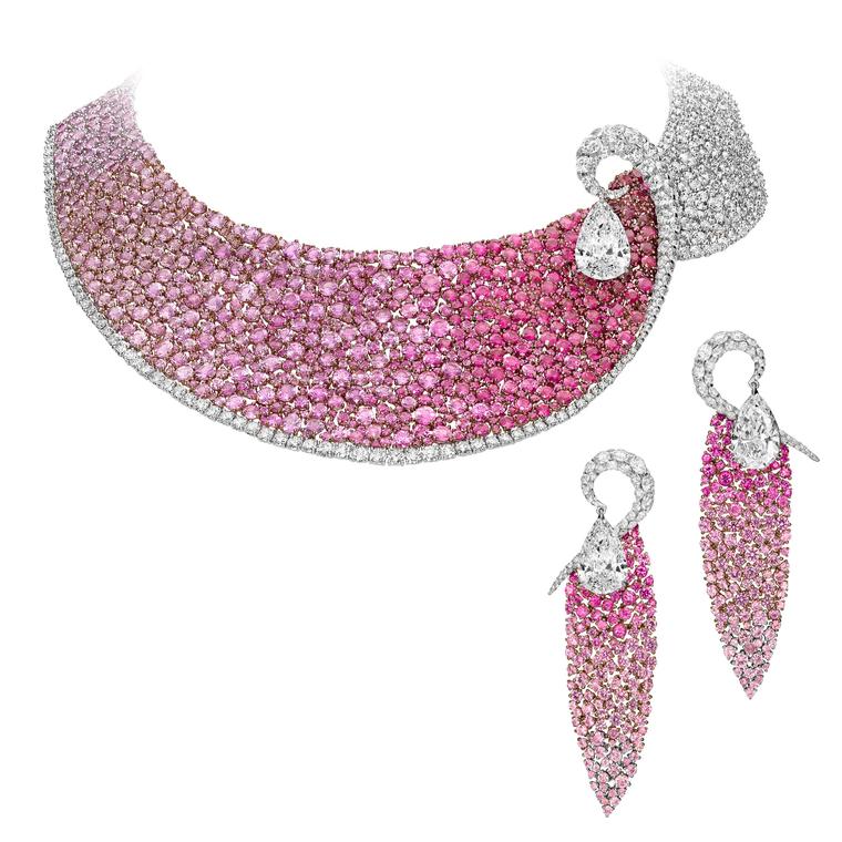 Boghossian Les Merveilles ruby, pink sapphire and diamond necklace and matching earrings