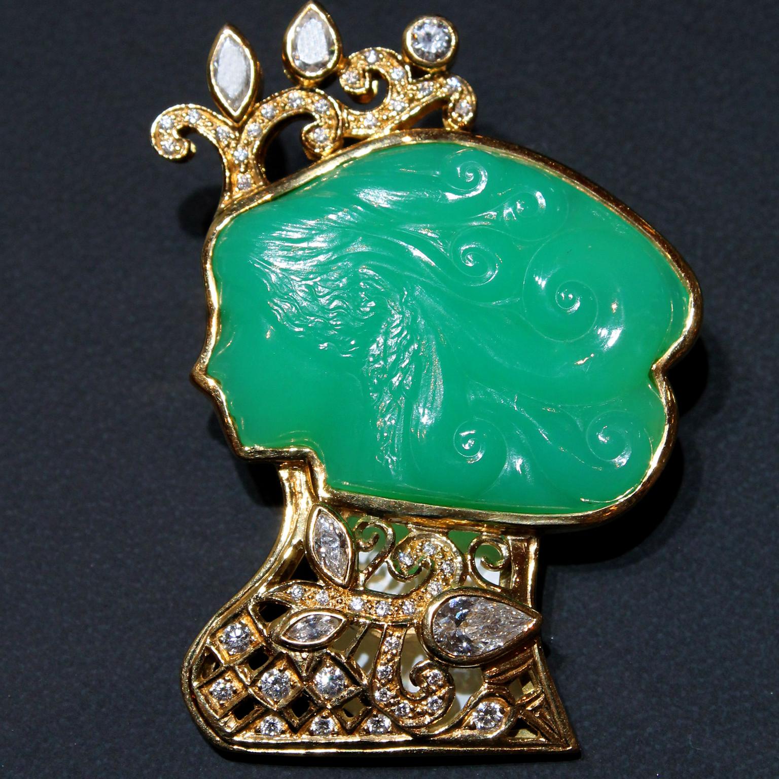 Paula Crevoshay carved chrysoprase brooch as seen at Las Vegas Couture 2017