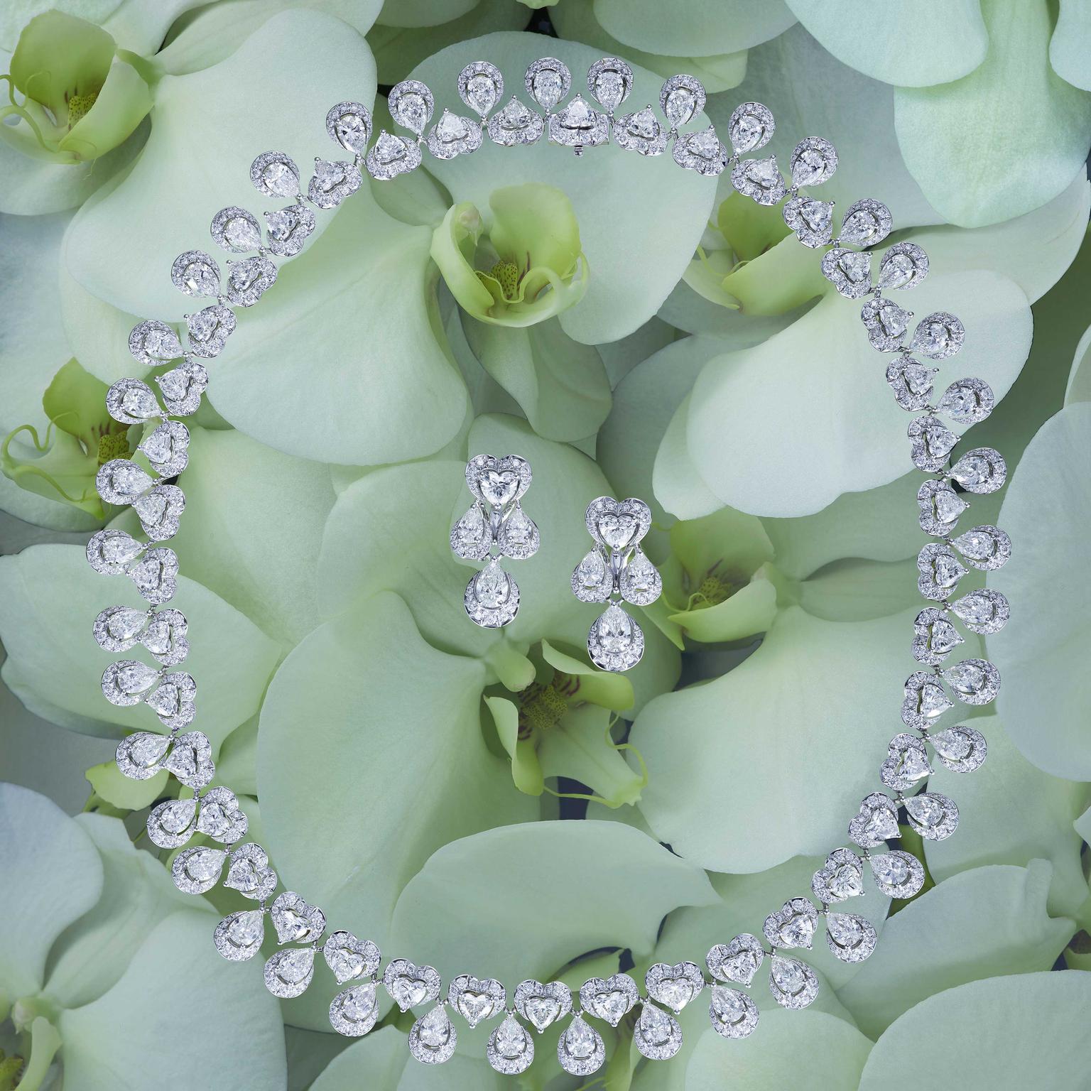 Chopard Green Carpet diamond necklace and earrings made with Fairmined gold and ethically sourced diamonds