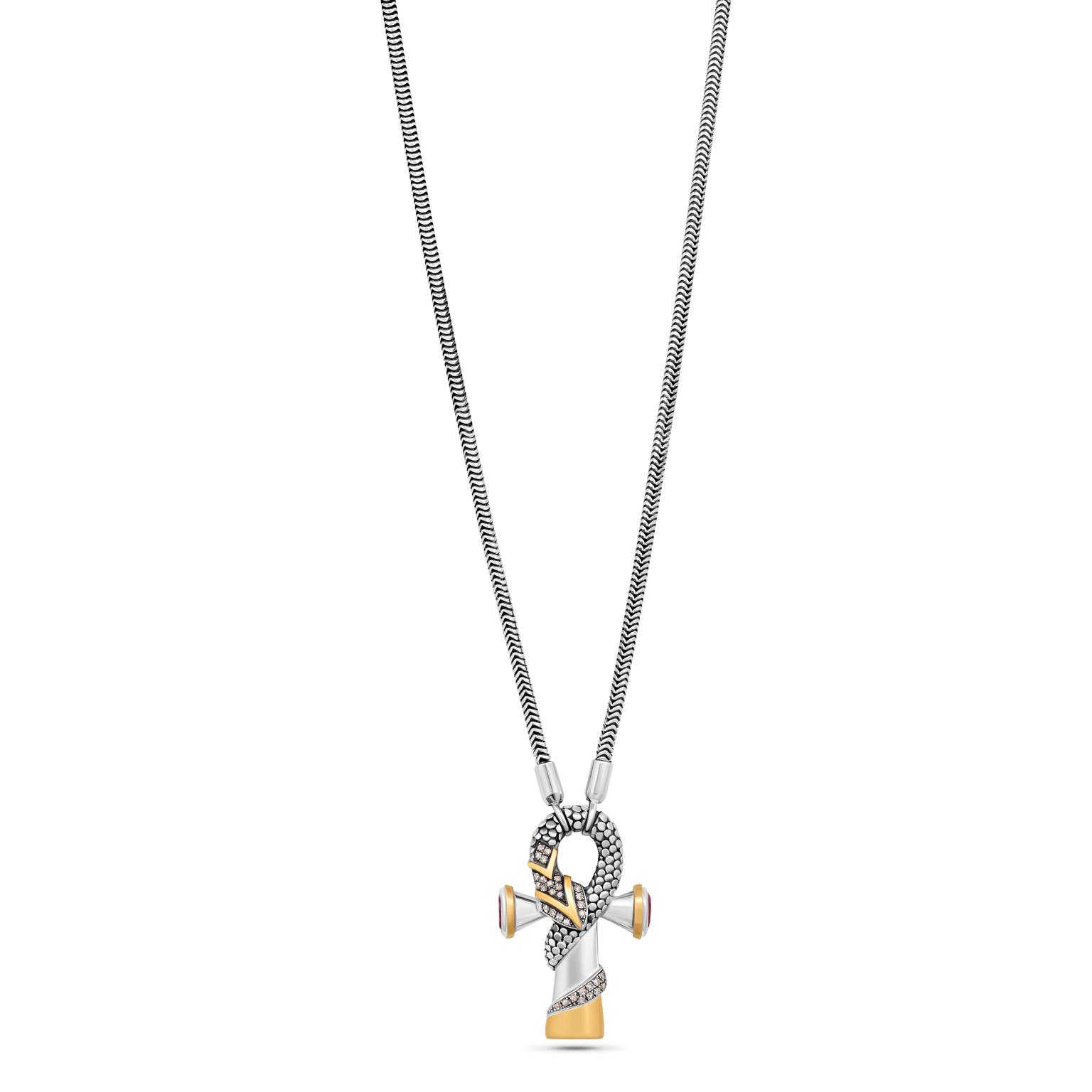 18kt Gold and Sterling silver key of life and snake necklace adorned with semi-precious and precious stones