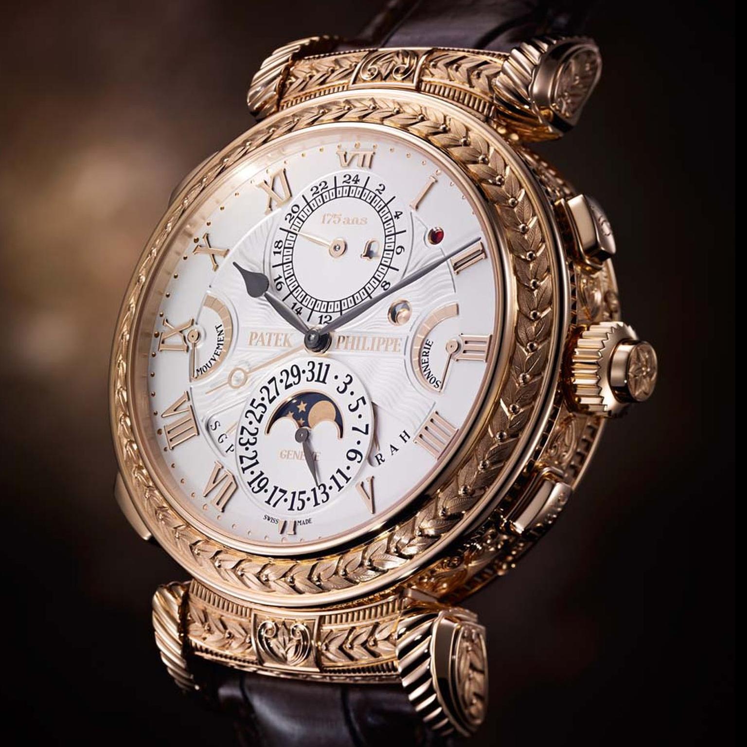 Patek Philippe’s 175th anniversary Grandmaster Chime Ref. 5175 watch includes a date repeater that chimes the date on demand and an alarm that strikes the alarm time, minute-repeater style.