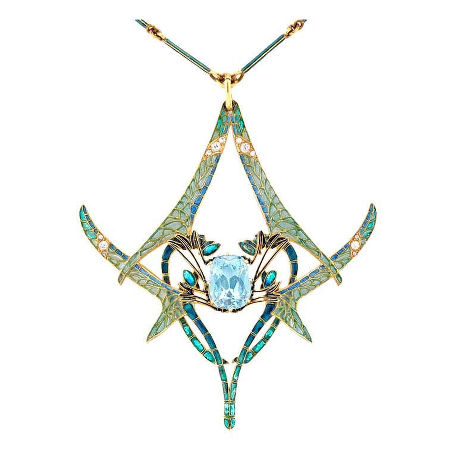 Bentley & Skinner René Lalique dragonfly pendant with aquamarine and diamonds