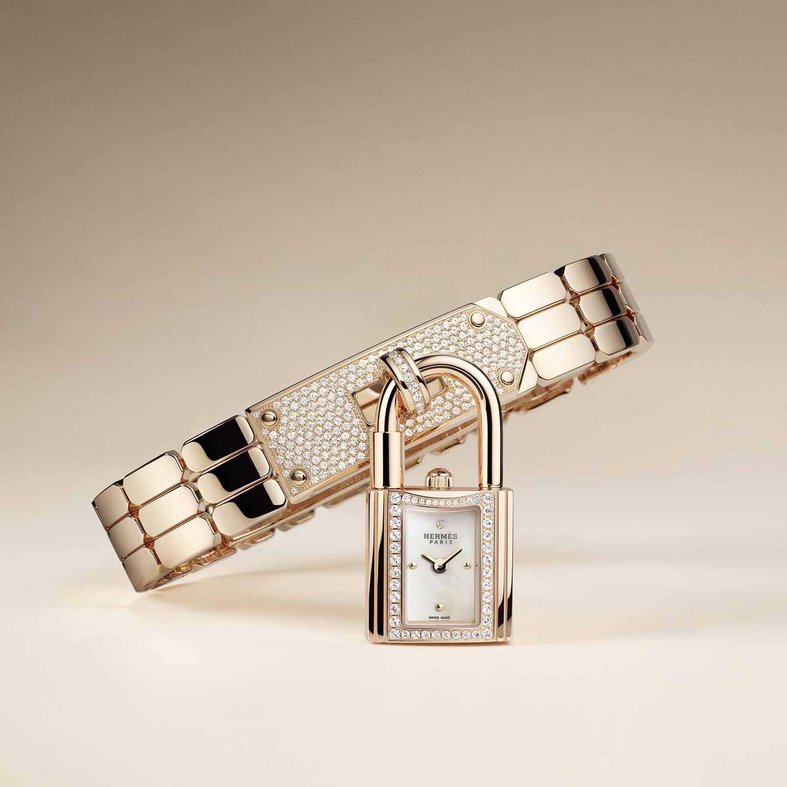 Hermes rose gold diamond Kelly padlock watch 