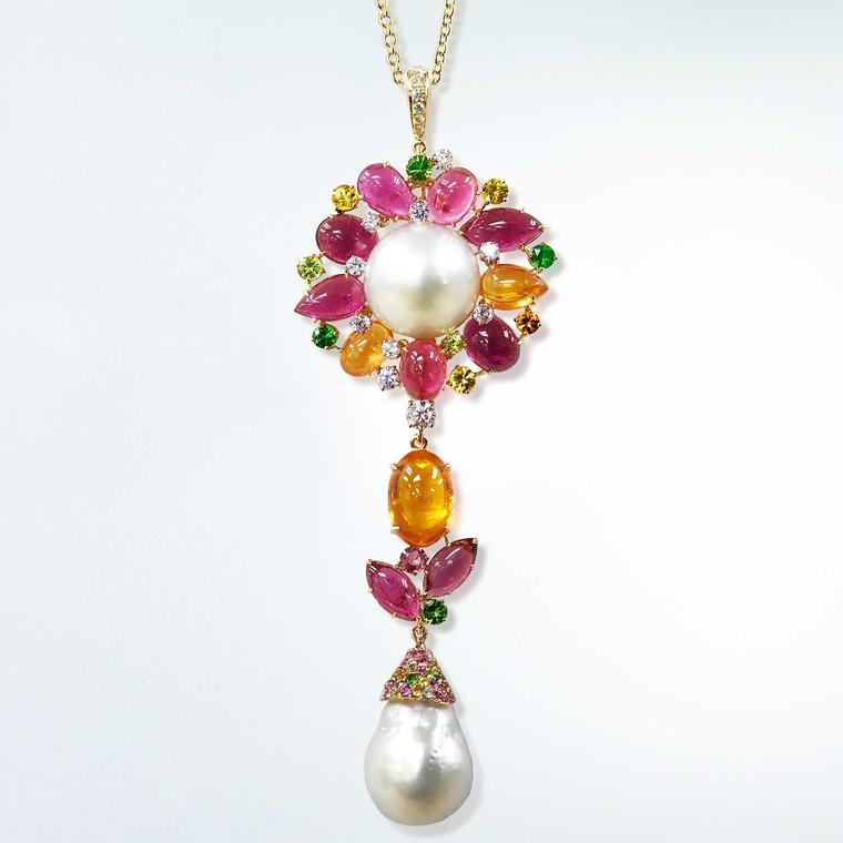 Margot McKinney floral pendant with South Sea pearl, rubellite and mandarin garnet