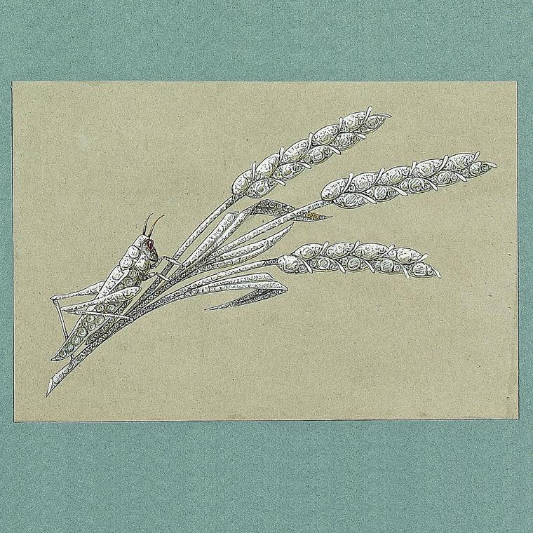 Preparatory sketch of a grasshopper on a sheaf of wheat brooch