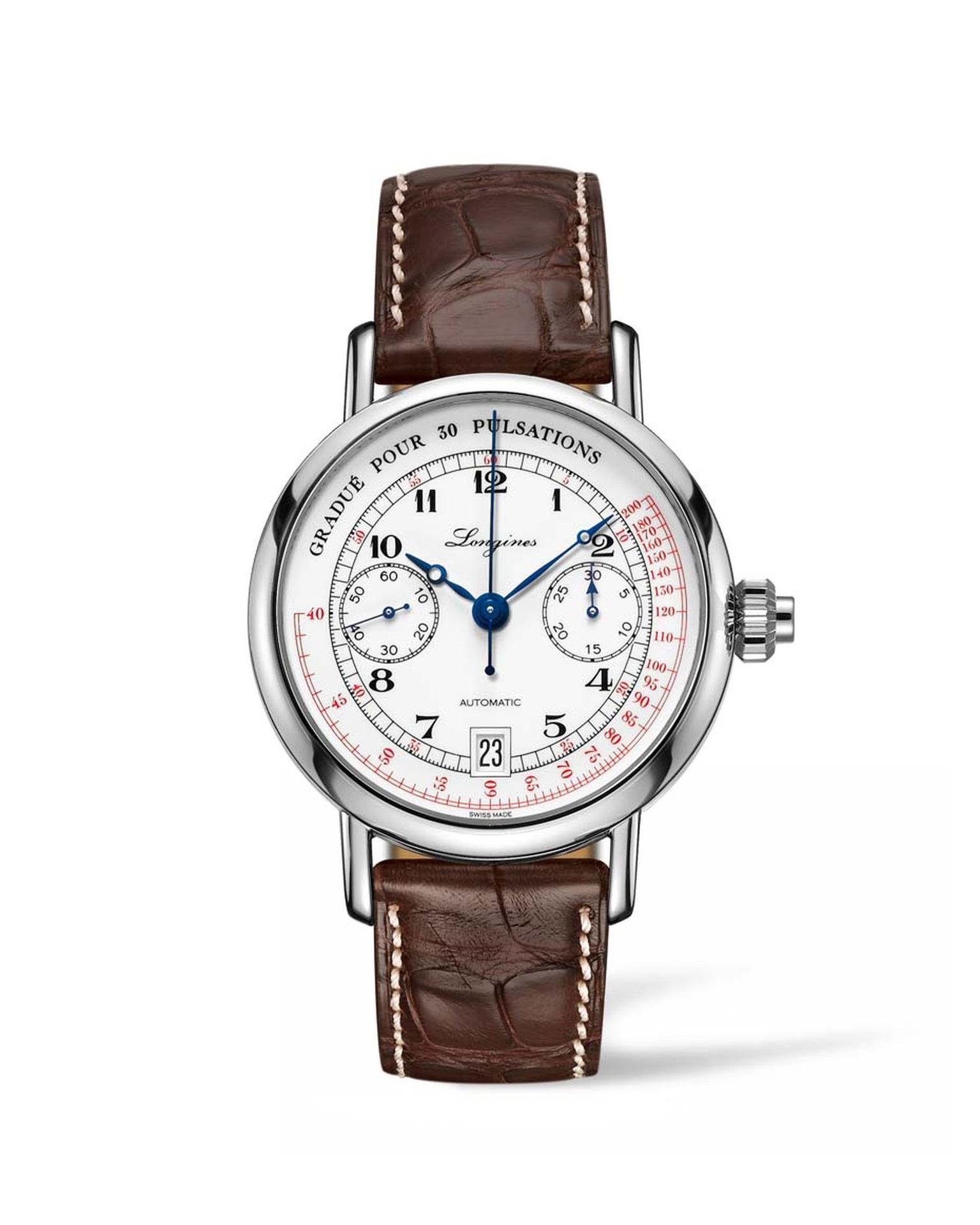 The new Longines Pulsometer Chronograph has an appealing vintage spirit thanks to its white enamel dial and painted numerals. The pulsometer scale is highlighted in red on the periphery of the dial of this 40mm stainless steel model.