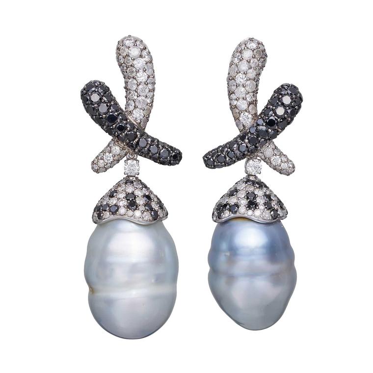 Margot McKinney Kiss earrings with black and white diamonds and detachable Australian South Sea pearl drops