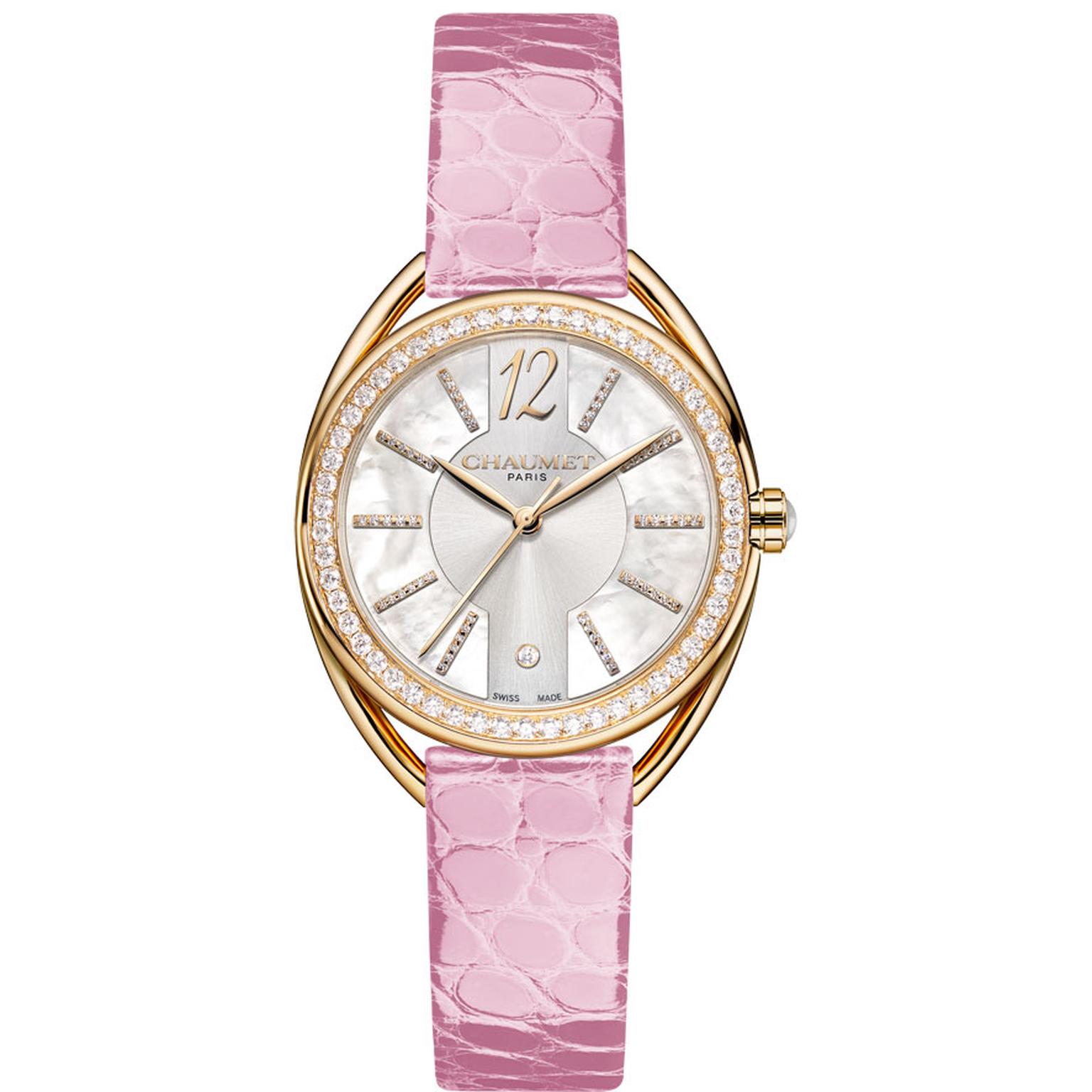 Chaumet Liens Lumière  27mm watch in yellow gold with pink alligator strap