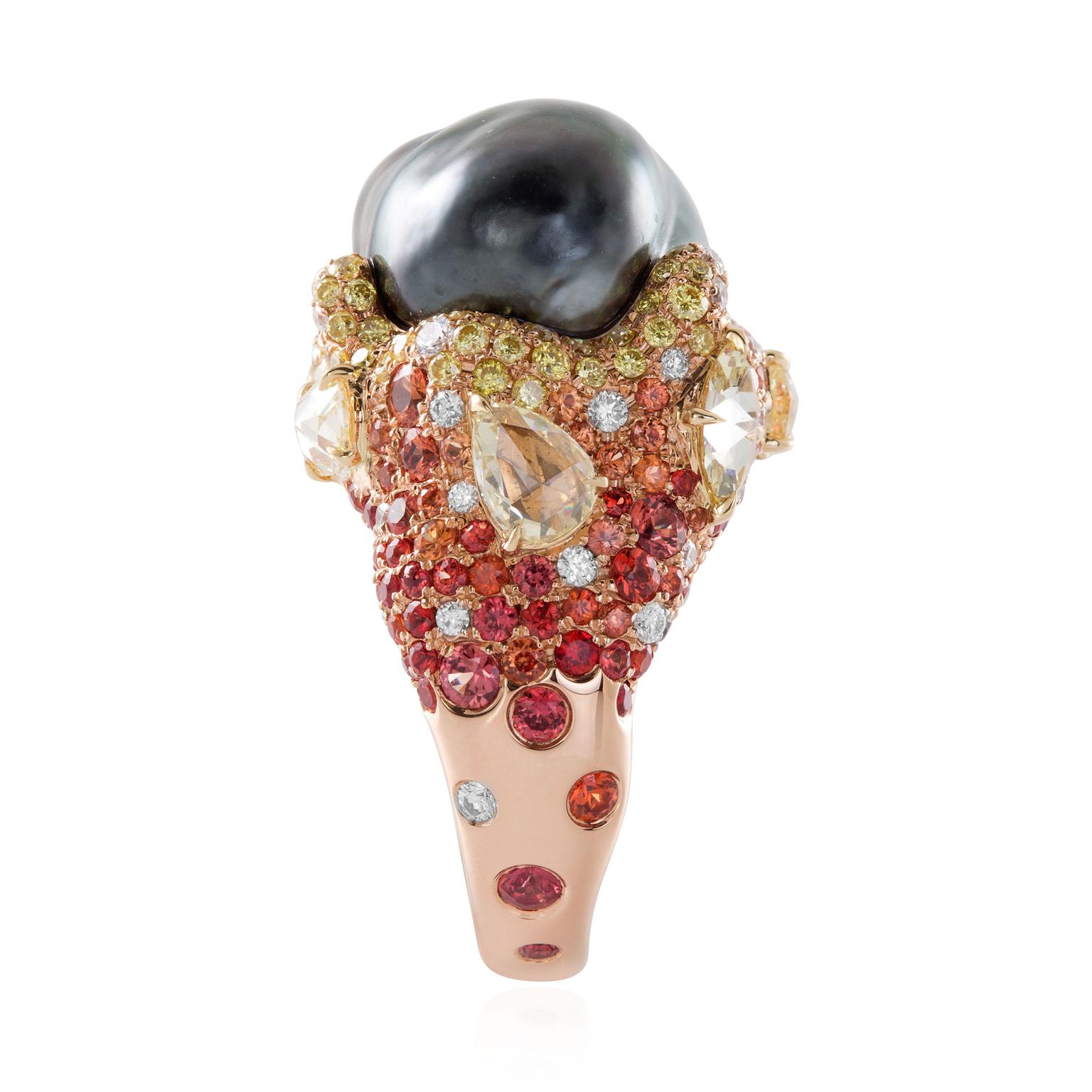 Black pearls Alessio Boschi Volcano pearl ring with sapphires