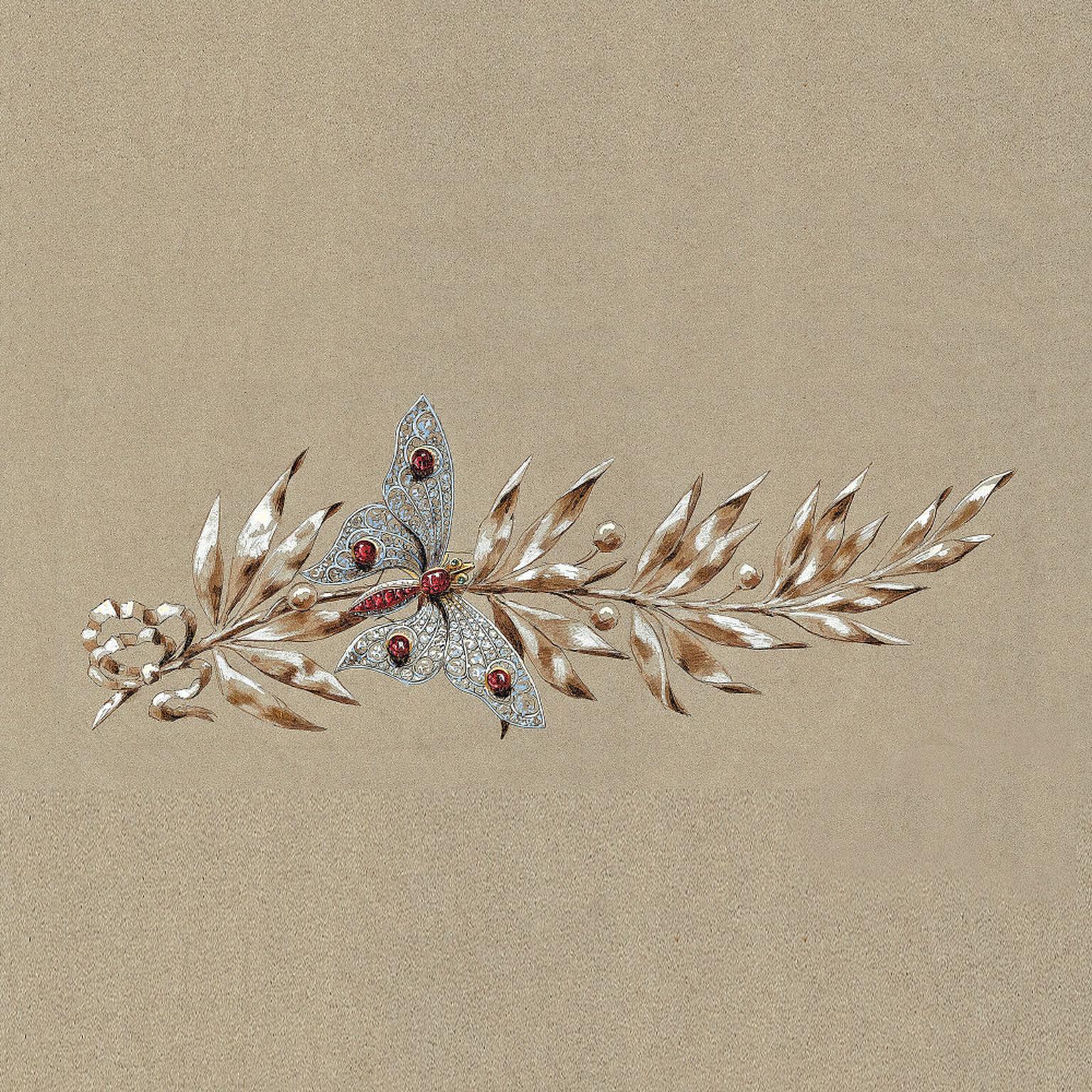 Preparatory sketch of a butterfly and laurel branch stomacher brooch