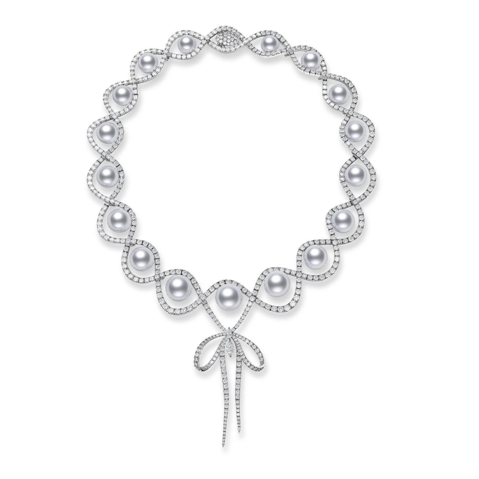Mikimoto Ribbon bow diamond and pearl necklace