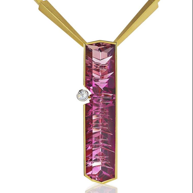 Munsteiner gold necklace set with a 52.91ct tourmaline and a brilliant-cut Spirit diamond.