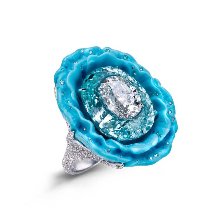 Boghossin flower ring with diamond, Paraiba tourmaline and turquoise