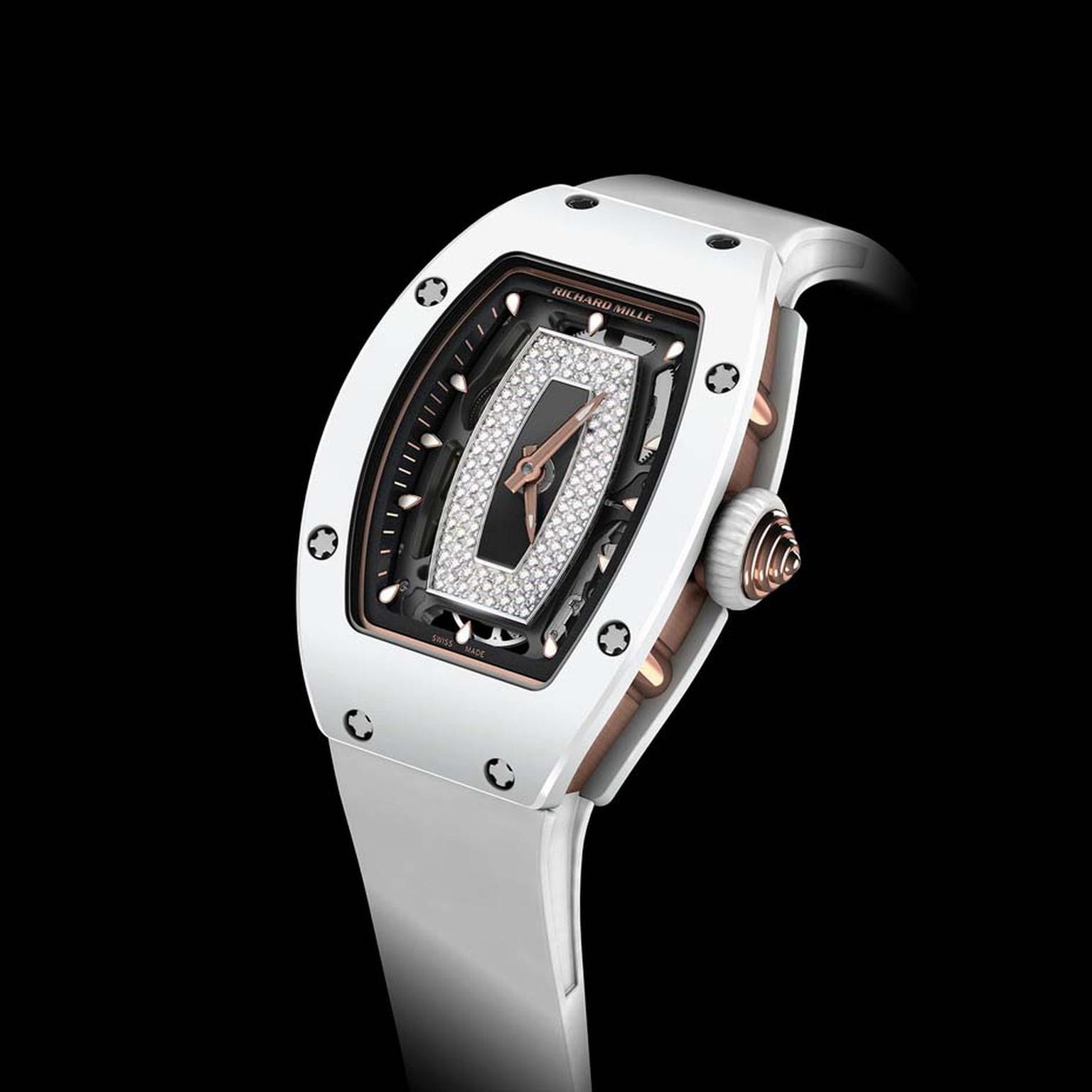 Another first for the Richard Mille ladies’ collection, the RM07-01 tripartite case is available in a choice of white ATZ ceramic or warm brown TZP ceramic - both with a red gold case band, providing visual contrast and an extremely high level of scratch 