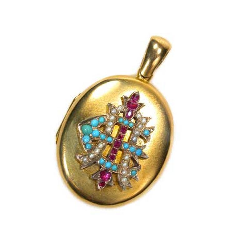 The Three Graces Victorian gold pendant with rubies, sapphires and seed pearls
